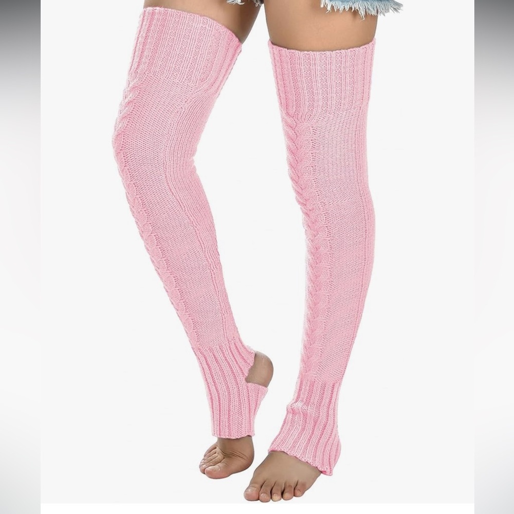 Extra long leg warmers over knee thigh high pink black cable knit yoga socks OS - Picture 4 of 6